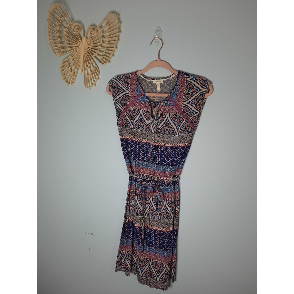 Matilda Jane Womens XS Blue Purple Boho Mixed Print Tie Waist Rayon Dress